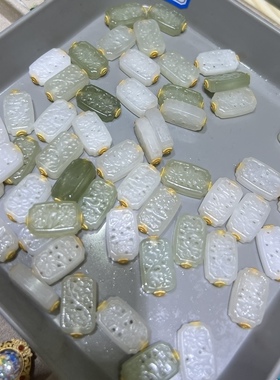 925古法银贴片镶嵌天然和田玉雕花牌手牌通孔多宝隔珠diy饰品配件
