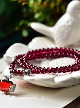 天然酒红石榴石三圈苹果手链925纯银隔珠diy手工串珠4mm