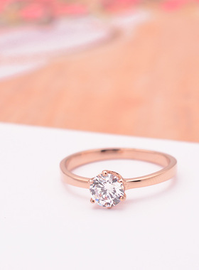 奢华仿真大钻戒指女 韩国时尚百搭钛钢镀18k玫瑰金指环首饰品