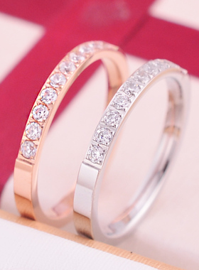 包邮韩版半圈钻水钻玫瑰金戒指女镀18k时尚食指首饰品钛钢