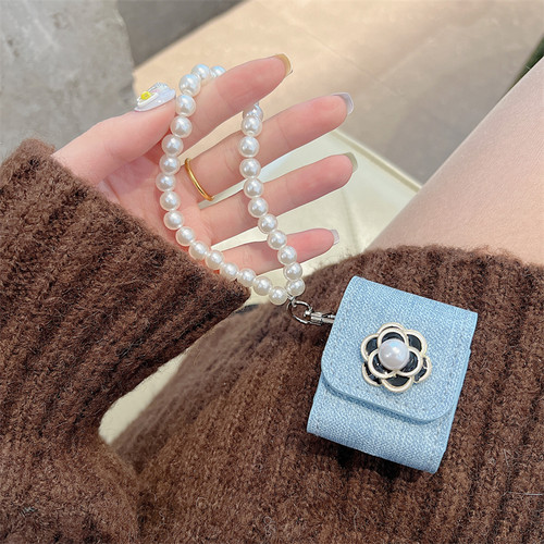 创意包包款牛仔蓝布纹适用华为5代freebudsPro2/3蓝牙耳机壳立体山茶花4i/5i保护套女款free clip软壳倍思m2s - 图1