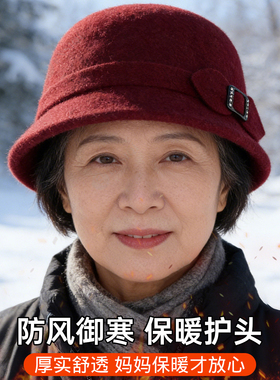 中老年妈妈冬季羊毛呢保暖渔夫帽