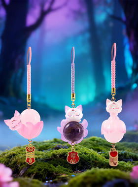 新款国风创意涂山九尾狐水晶石盲盒潮流好寓意挂件车载中控装饰品