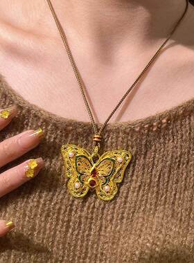 珐琅彩玲珑花蝶吊坠项链毛衣链