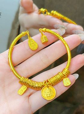 古法沙金手工錾刻黄财神手镯手链