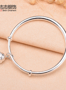 999纯银光面手镯女 简约宫铃铛银手环镯子刻字年轻银饰送女友礼物