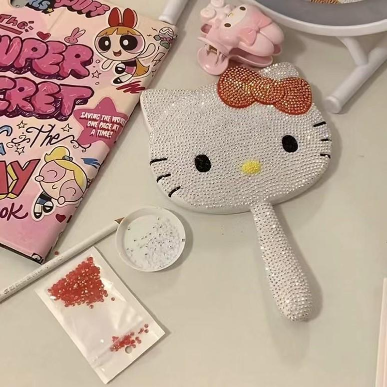 Hellokitty凯蒂猫手持镜子化妆随身便携带diy材料包贴钻学生宿舍