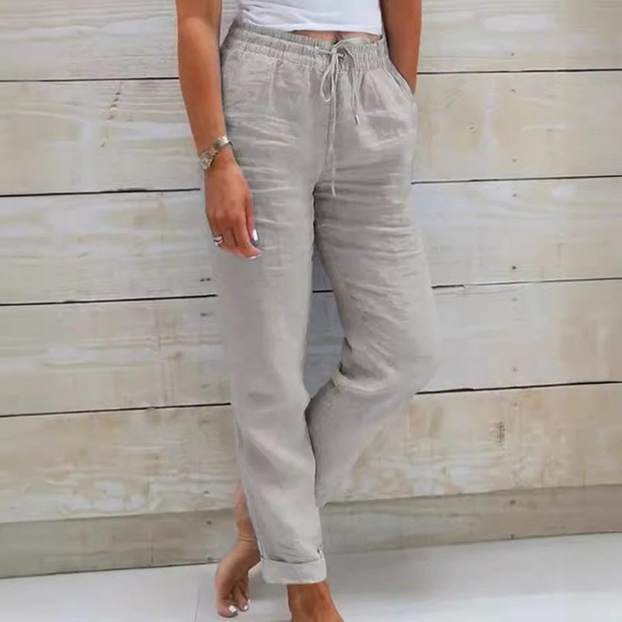 年欧美跨境新款外贸亚马逊女士高腰松紧腰纯色棉麻休闲裤,淘宝优惠券,粉丝福利购,淘宝优惠卷