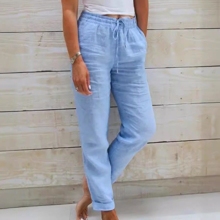 年欧美跨境新款外贸亚马逊女士高腰松紧腰纯色棉麻休闲裤,淘宝优惠券,粉丝福利购,淘宝优惠卷