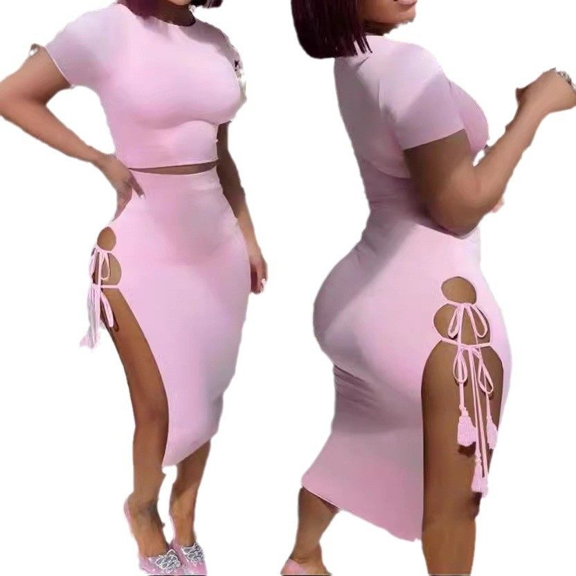 欧美夏季女装短袖上衣套装漏腰紧身性感系带开叉中长包臀裙,淘宝优惠券,粉丝福利购,淘宝优惠卷