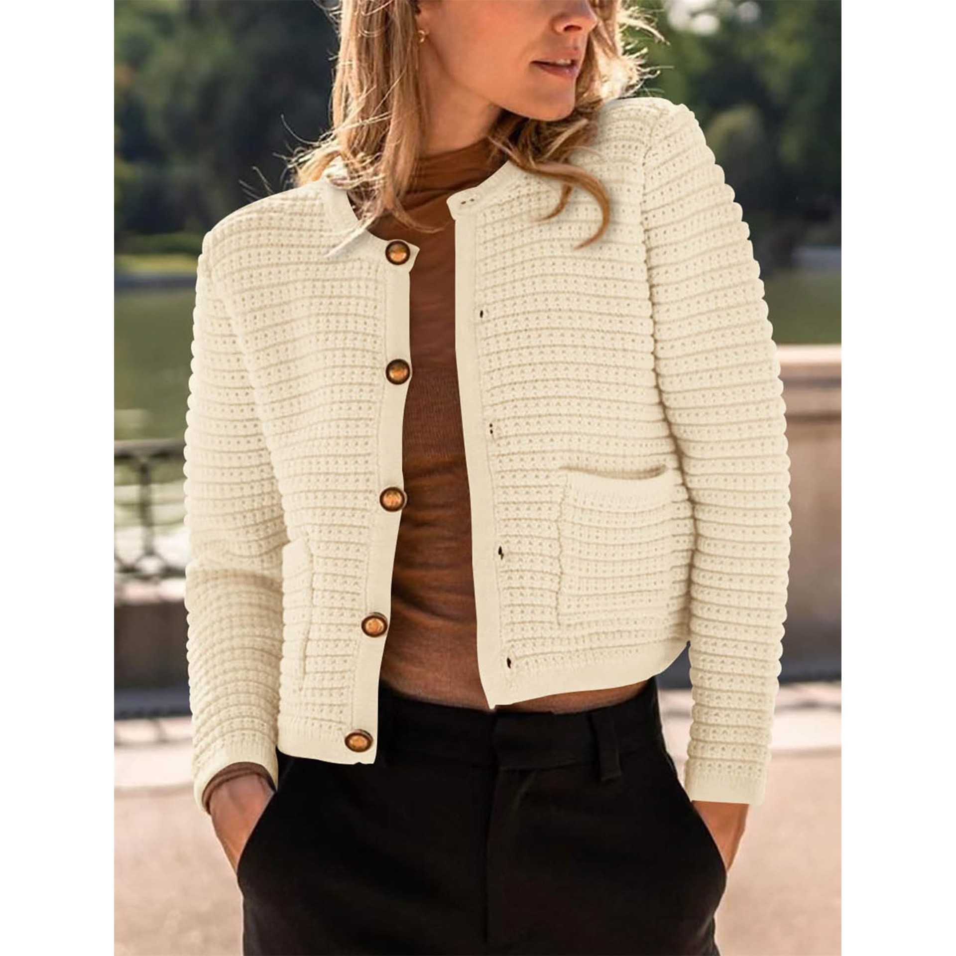 跨境欧美高级时尚秋冬新款小香风针织开衫气质毛衣百搭短款外套女 - 图1