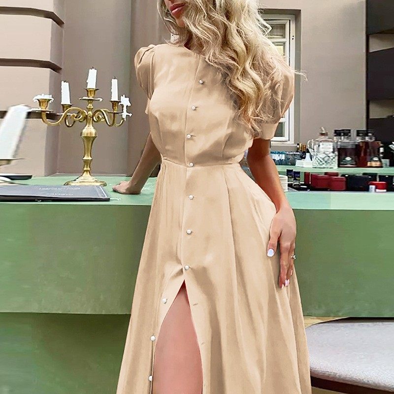 跨境亚马逊新款欧美女装气质通勤高腰纯色时尚开叉欧美连衣裙,淘宝优惠券,粉丝福利购,淘宝优惠卷