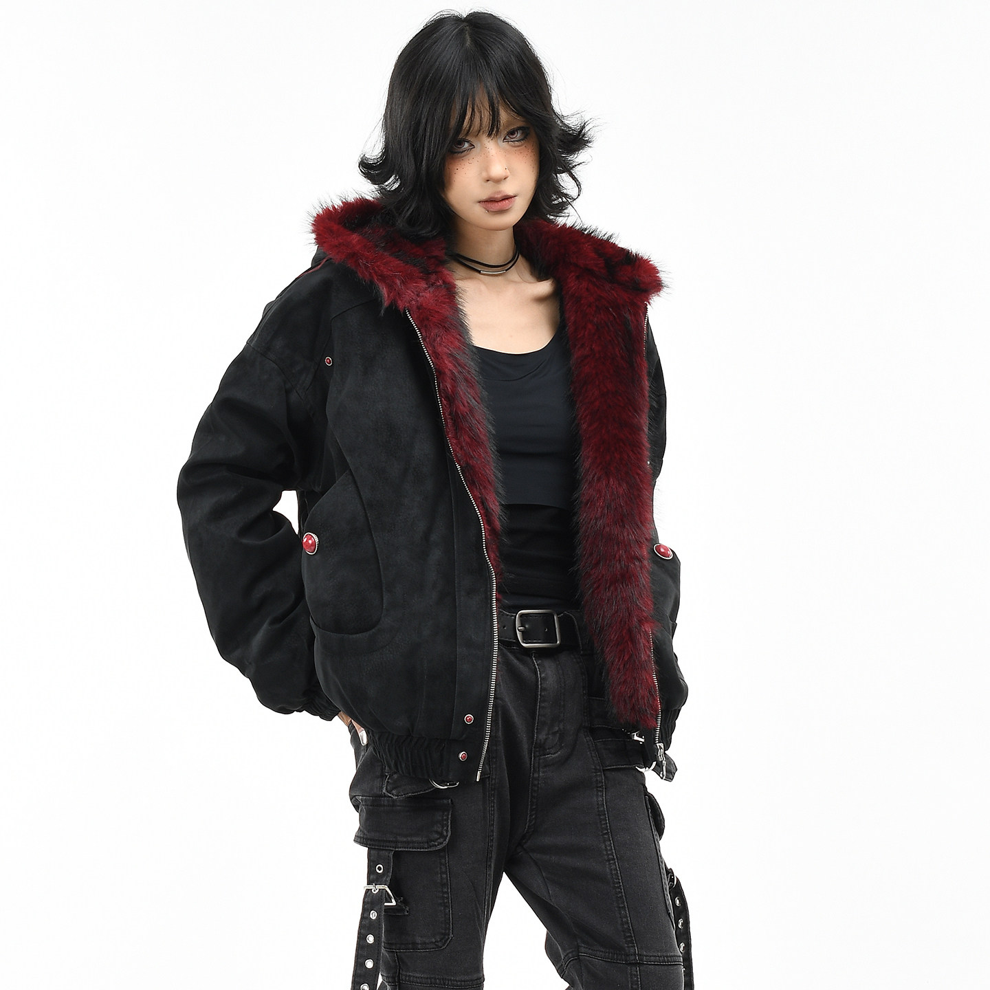 OV原创美式复古座山雕毛领连帽棉服女冬季宽松PU皮加厚棉衣外套男,淘宝优惠券,粉丝福利购,淘宝优惠卷