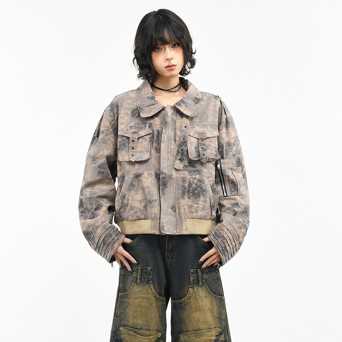 OV原创高街亚文化扎染水洗翻领外套女春季宽松短款廓形工装夹克潮,淘宝优惠券,粉丝福利购,淘宝优惠卷