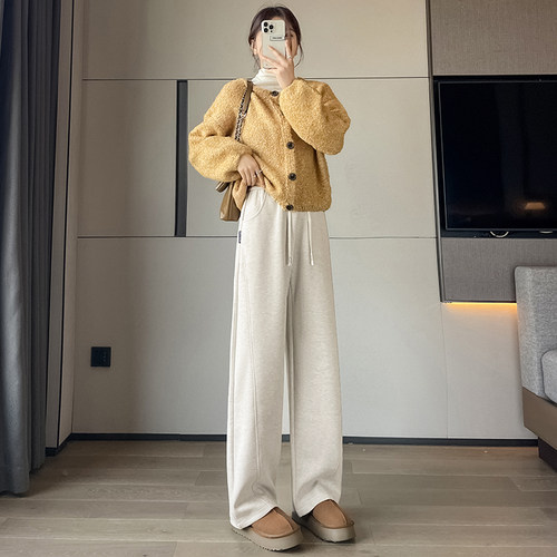 人字纹加绒阔腿裤女秋冬高个子加长毛呢裤窄版直筒休闲羊毛香蕉裤 - 图2