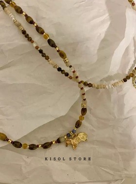 KISOL天然黄色虎眼石叠戴颈链女~