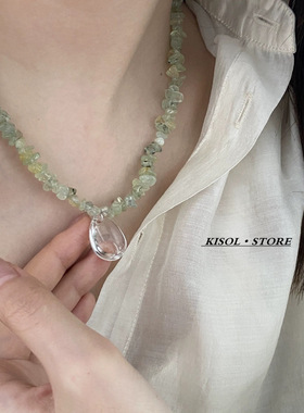 KISOL清新绿色天然石串珠锁骨链~