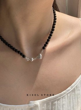 KISOLins小众黑色串珠锁骨链女~