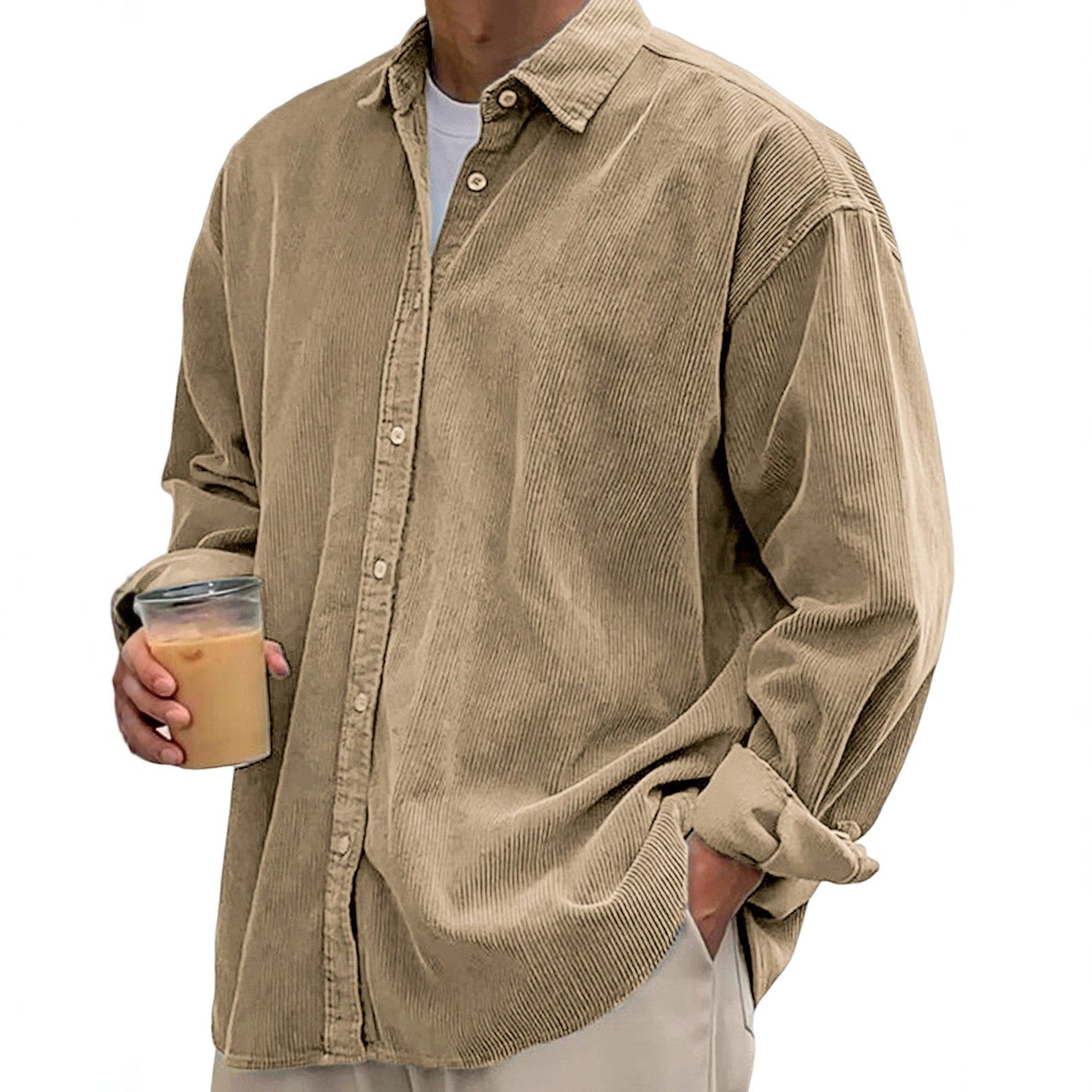 跨境外贸亚马逊新款男士灯芯绒衬衫秋季宽松休闲长袖衬衣纯色外套,淘宝优惠券,粉丝福利购,淘宝优惠卷