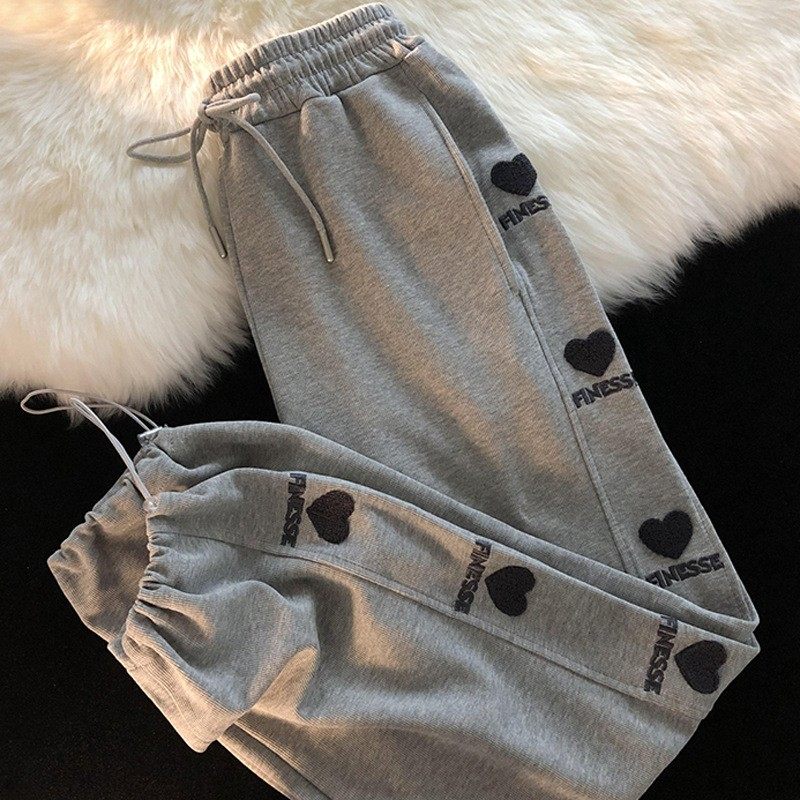 休闲刺绣运动裤女加绒春秋冬高腰阔腿宽松束脚长裤子薄款卫裤,淘宝优惠券,粉丝福利购,淘宝优惠卷