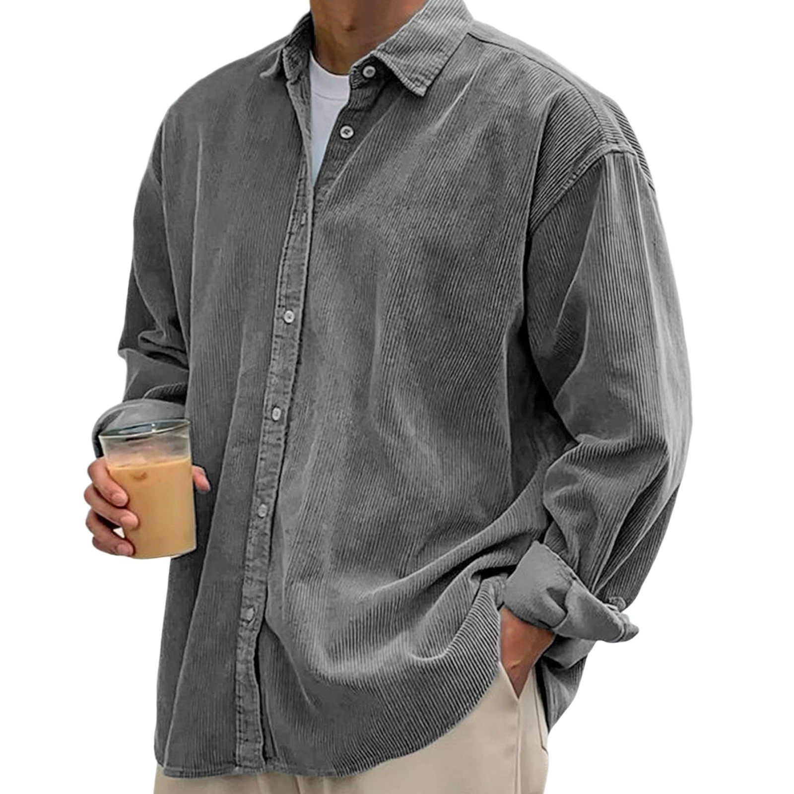 跨境外贸亚马逊新款男士灯芯绒衬衫秋季宽松休闲长袖衬衣纯色外套,淘宝优惠券,粉丝福利购,淘宝优惠卷