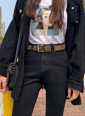浅色银方扣细腰带女简约针扣