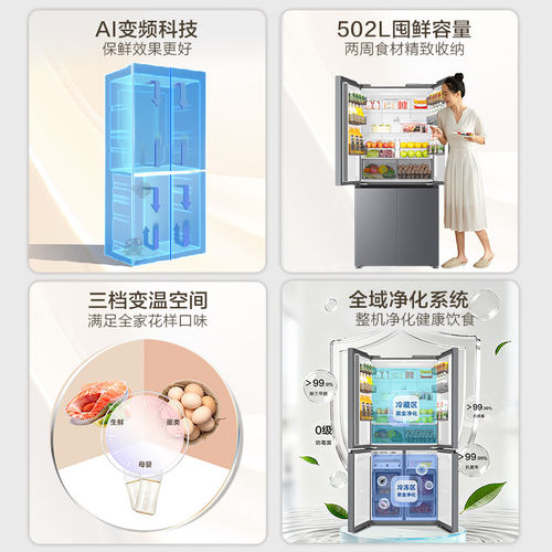 海尔小红花502L十字四开门风冷无霜一级变频大容量超薄电冰箱新品 - 图0