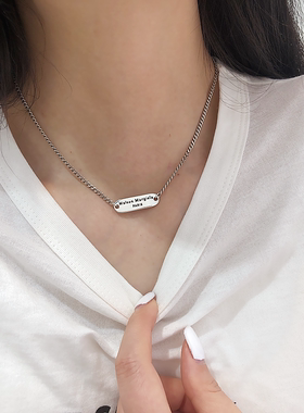 纯银古巴链女长牌字母项链锁骨链