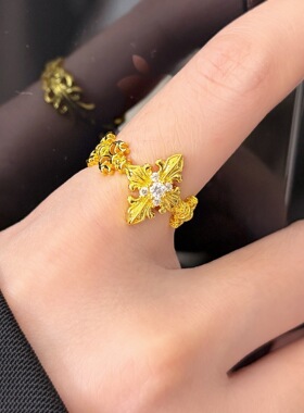 中古vintage轻奢金色十字鸢尾花戒指女新款高级感开口可调节指环