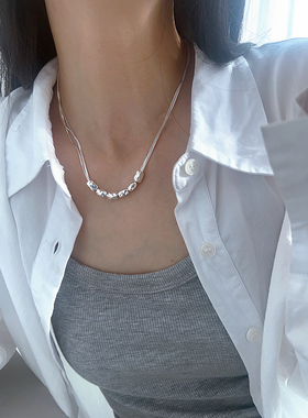 纯银蛇骨链女碎银几何方块项链