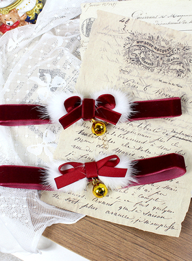 圣诞节酒红铃铛锁骨链项链choker百搭蝴蝶结水貂毛绒颈饰网红同款