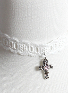 白蕾丝巴洛克十字架锁骨链项链项圈choker修女仆甜酷少女配饰品