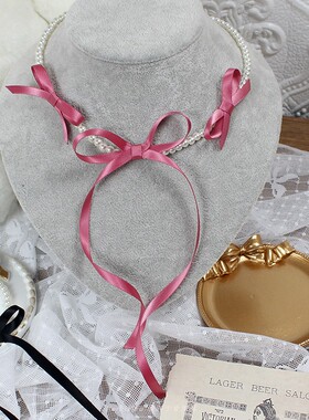 甜美蝴蝶结仿珍珠项链女生夏季小众锁骨链配饰choker芭蕾风法式黑