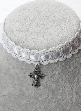 黑白蕾丝花边颈饰choker项链十字架珍珠钻修女饰品女仆日系酷辣妹