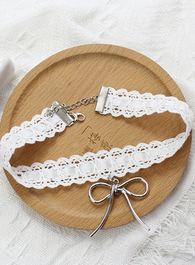 黑白蕾丝银色蝴蝶结choker颈饰环项链花边Lolita甜美简单少女日系