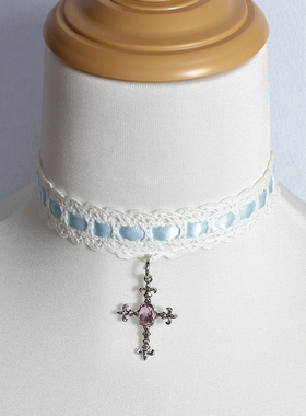 十字架蕾丝花边choker白蓝黑粉项链锁骨链颈饰项圈修女Lolita女仆