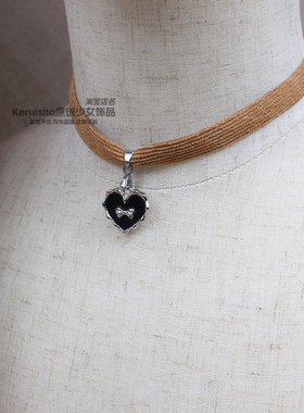 灯芯绒爱心型废土风锁骨链项链choker简约百搭秋冬毛衣链爱心辣妹
