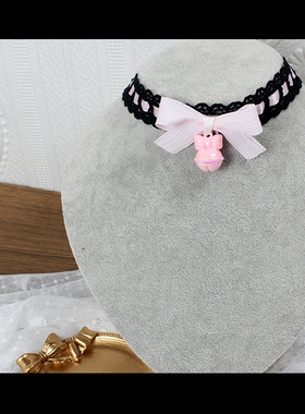 黑粉色choker项链项圈锁骨链铃铛颈环Lolita蝴蝶结蕾丝女仆少萝