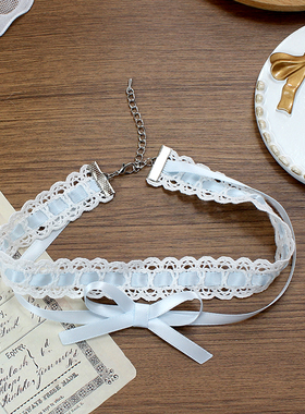 淡蓝双层叠戴蕾丝项链choker项圈锁骨链少女甜妹蝴蝶结lolita可爱