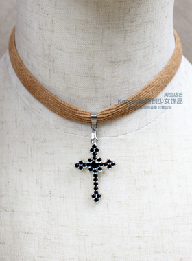 灯芯绒秋冬甜酷辣妹咖啡棕色锁骨链项链choker毛衣链十字架废土风