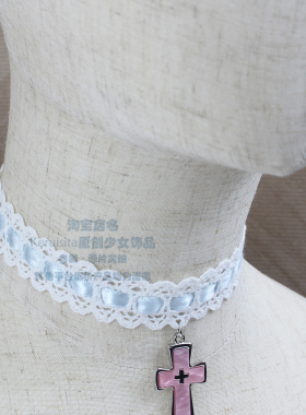 棉质蕾丝锁骨链粉色十字架法式复古少女miu系小众丝带气质秋冬ins