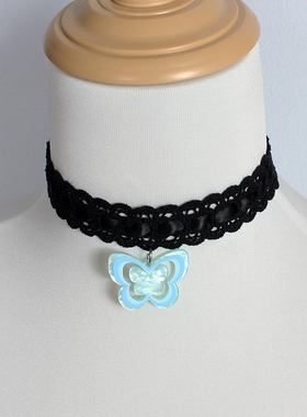 y2k蝴蝶黑色粉蓝紫个性酷夜店项链锁骨链颈饰项圈蕾丝花边choker