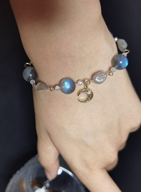 格物原创《月神》天然灰月光石手链拉长石复古巴洛克镀14k金配件