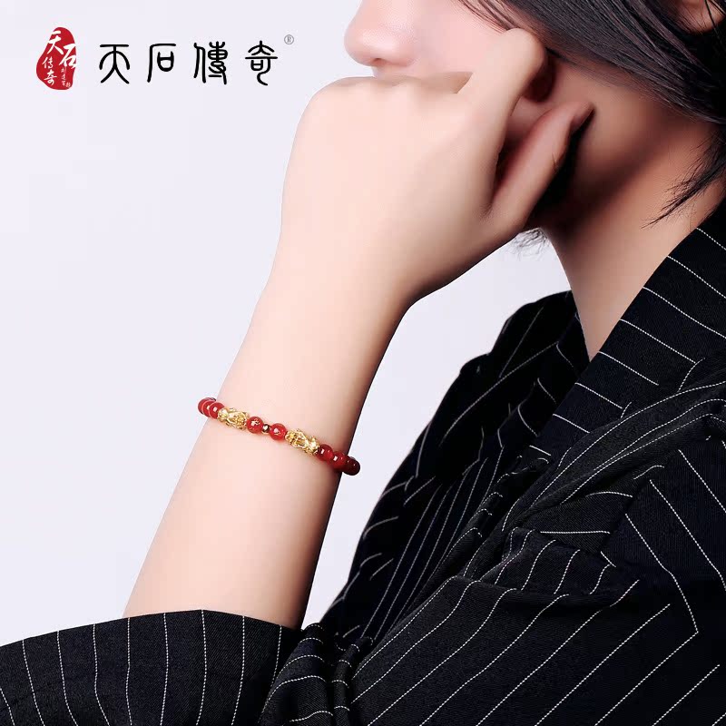 硬金双貔貅红玛瑙转运串珠送女友礼物 3D 天石神奇黄金足金手链女士 硬金双貔貅红玛瑙转运串珠送女友礼物 3D 天石神奇黄金足金手链女士