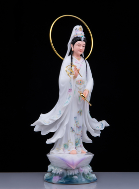 汉白玉彩绘观音佛像供奉摆件