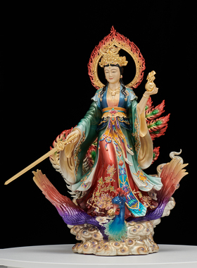纯铜彩绘九天玄女神像供奉摆件