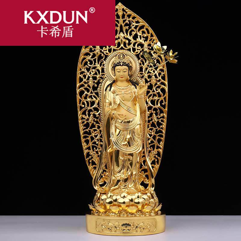 紫瑞星纯铜贴金西方三圣全铜神像 卡希盾摆件