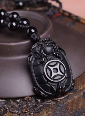 天然黑曜石开运龙龟挂件