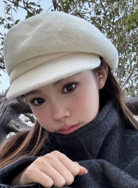 日本CA4LA帽子~黑色羊毛呢报童帽女秋冬八角帽画家贝雷帽复古毡帽