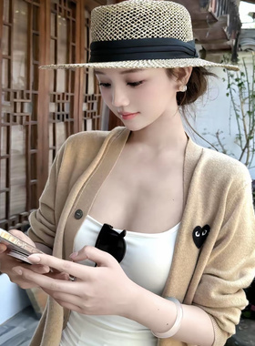 复古英伦风编织草帽天然咸草平顶帽子女欧美风时尚出游镂空遮阳帽
